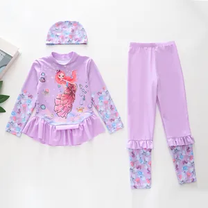 Ensemble maillot de bain sirène violet à manches longues pour filles avec volants