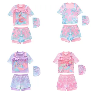 Kids Girls Mermaid Printed Swimwear Top And Pants And Swim Cap Ruffle Bowknot Short Sleeve Swimming Suit For Summer Beach
