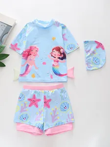 Costume da bagno a sirena tre pezzi per bambina con top, pantaloncini e cuffia coordinata