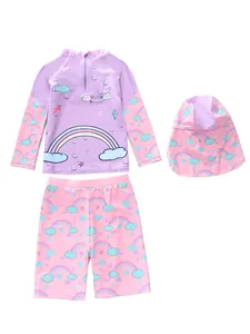 Three-piece girls' long-sleeve swimsuit set with rainbow print and half-zip detail