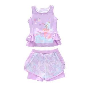 Two-piece purple girls' swimsuit with mermaid print, ruffle hem, and mesh shorts set