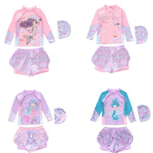 Girls 3-Piece Swimsuit Set Long Sleeve Sun Protection Mermaid Print Ruffle Swimwear Top Shorts Hat For Kids Summer Beach