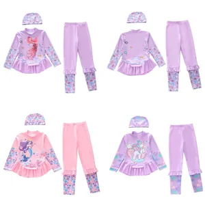 Maillot de Bain Fille Manches Longues Haut Pantalon Chapeau Sirène Licorne Imprimé Volants Protection Solaire Élastique Enfants