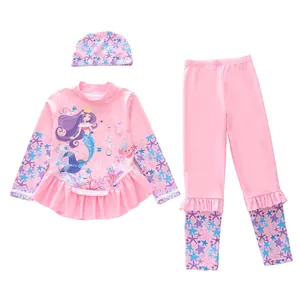 Maillot de bain trois pièces sirène pour filles rose avec manches longues et protection