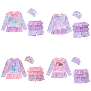 Maillot De Bain Sirène À Manches Longues Pour Filles Avec Volants Et Bonnet De Bain Protection Solaire Séchage Rapide