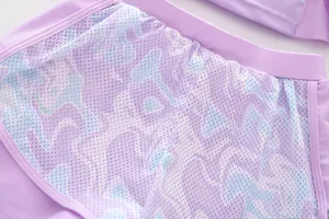 Detail of mermaid scale printed swimsuit with breathable mesh fabric and flat seams