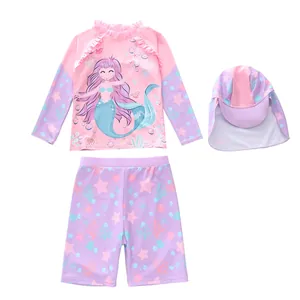 Three-piece girls mermaid long sleeve swimsuit set with sun protection hat and shorts