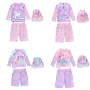 Girls Long Sleeve Rash Guard Swimwear Mermaid Unicorn Print Sun Protection Swimsuit With Sun Hat Kids Ruffle Beachwear