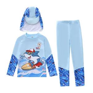 Boy's 3-piece long sleeve swimwear set with blue shark print and sun protection hat