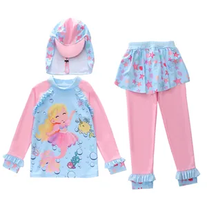 Three-piece girls' long-sleeve swimwear with mermaid print and sun protection hat
