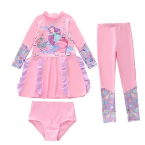 Maillot de bain trois pièces rose pour filles avec manches longues et volants violets