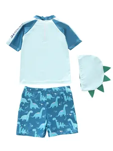 Detailansicht der Kinder-Schwimmoberteil-Rückseite mit Reißverschluss und Dino-Print