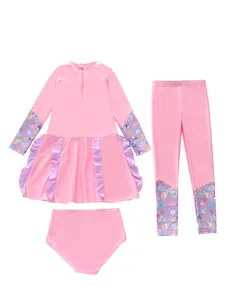 Ensemble de maillot de bain 3 pièces rose avec manches longues et imprimé coquillages
