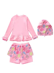 Three-piece pink girls' swimwear with long-sleeved ruffle top and ocean starfish patterns
