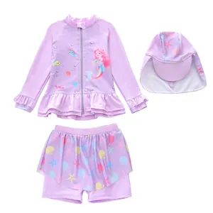 Three-piece purple mermaid kids swimsuit set with long sleeve zip top and skirted pants