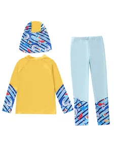 Three-piece long sleeve sun protection kids swimwear set with cartoon shark and helm print