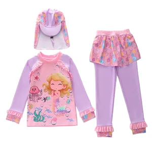 Three-piece girls mermaid swimsuit with long sleeves, skirt leggings and sun hat