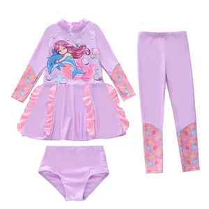 Maillot de bain trois pièces pour filles violet avec imprimé sirène et volants