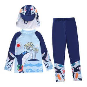 Three-piece boys' long sleeve rash guard set with blue shark cartoon ocean prints