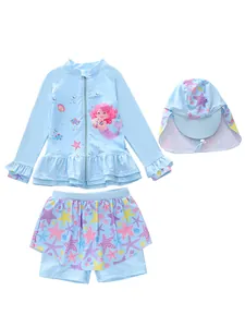 Detailed view of girls' mermaid swimsuit set featuring long sleeves and ruffled hem