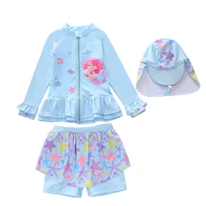 Three-piece girls' mermaid swimsuit with long-sleeve ruffled top and sun hat