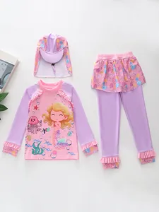 Three-piece girls' swimsuit with long sleeves, mermaid prints and ruffle detail