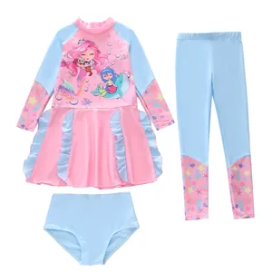 Maillot de bain trois pièces pour filles avec manches longues et motif de sirène