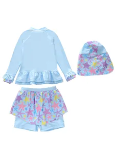 Detailed flat lay of three-piece girls' light blue mermaid swimsuit with starfish print