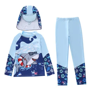 Three-piece boys' swimwear set with long sleeves, shark prints and a neck-flap sun hat