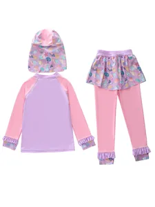 Three-piece long sleeve kids swimwear set with shell prints and ruffle details