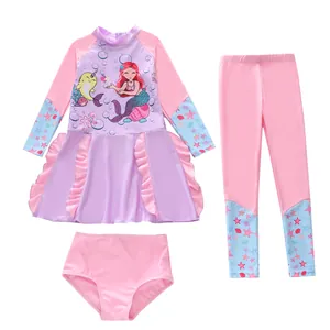 Maillot de bain trois pièces pour filles avec motif sirène, jupe à volants et legging rose