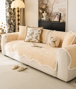 Detail of rose texture rose velvet sofa cover with soft wavy plush white edges