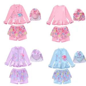 Girls Mermaid Swimwear Long Sleeve Rash Guard Zip Top And Skirted Bottom And Sun Hat Kids Sun Protection Bathing Suit