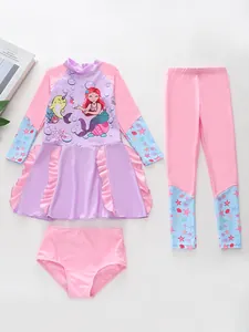Maillot de bain trois pièces pour filles avec motif sirène, manches longues et volants