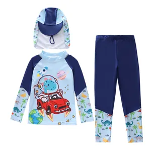 Three-piece kids sun protection swimwear set with dinosaur astronaut cartoon prints