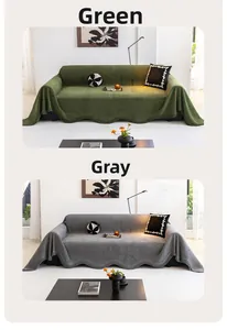 Détails de housses de canapé en chenille vert et gris avec franges et bordure ondulée