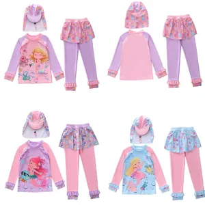 Kids Girls Long Sleeve Rash Guard Swimwear Mermaid Print Top Skirt Pants With Sun Hat UV Protection Swimsuit
