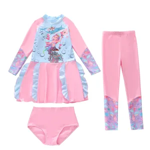 Maillot de bain 3 pièces pour filles avec motif sirène, manches longues et jupe volantée
