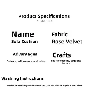 Detail specifications for Rose Velvet sofa cover showing fabric care and material quality