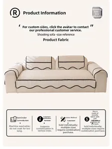 Detail of chenille sofa cover with black wavy lace and anti-slip silicone backing