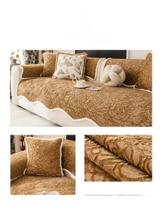 Detailed coffee rose pattern plush sofa cover with elegant white wavy edges and soft texture