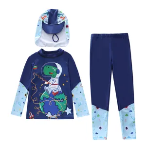 Three-piece kids rash guard set with long sleeve top, pants and sun hat in space theme