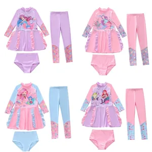 Ensemble de Maillot de Bain Trois Pièces Fille Sirène Dessin Animé Manches Longues Protection Solaire Avec Jupe Et Pantalon Long
