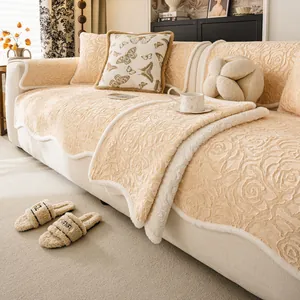 Luxury 3D Rose Velvet Sofa Cushion Thickened Plush Non-Slip Sectional Couch Cover For Living Room Home Furniture Decor