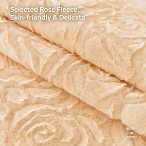 Premium cream rose velvet sofa cover with soft textured 3D flower pattern for home