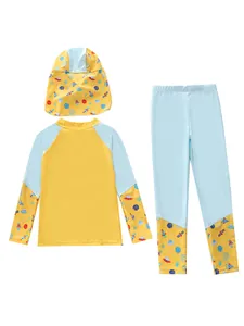 Flat lay of boys' 3-piece swimwear with rash guard, long pants, and space print sun hat