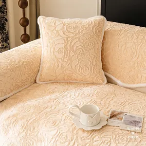 Beige heavy-weight rose velvet sofa cover and pillow with 3D embossed floral patterns