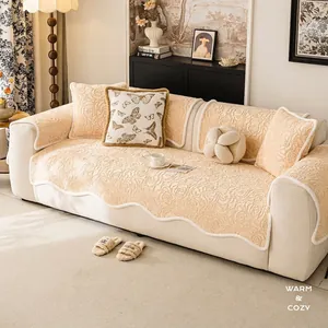 Premium rose-patterned sofa cover set in cream with elegant scalloped white edges