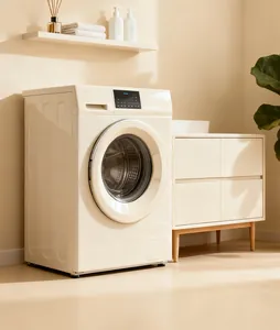 Front view of a minimalist cream-colored front-load washing machine with LED display panel