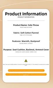 Detailed specifications for plush sofa cover showing material and cleaning instructions